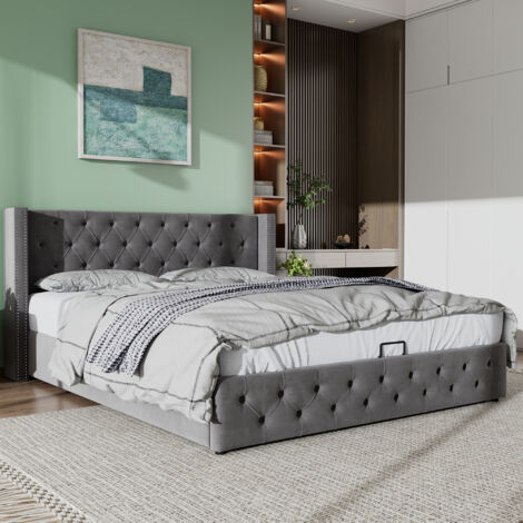 Letto contenitore 180x200 cm, letto matrimoniale imbottito con contenitore idraulico, rete in tessuto non tessuto impermeabile nero, grigio, senza materasso