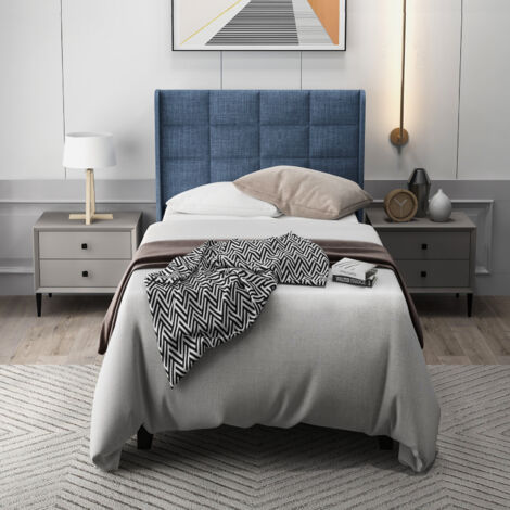 Letto per adulti 90x200 cm, letto singolo imbottito con rete a doghe, letto per ragazzi in lino, blu, senza materasso