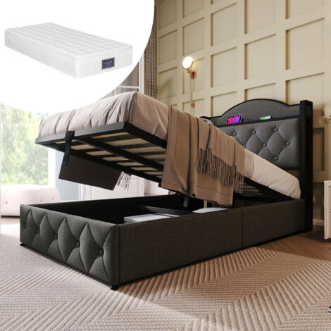 Idemon Letto Matrimoniale Imbottito 180x200 Grigio – Con Testiera, 4 Cassetti, Luci LED E Porte USB