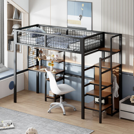Letto A Soppalco In Metallo Con Scrivania E Libreria | 140x200 Cm | Nero | Struttura Ferro Con Scaffali E Ripiani