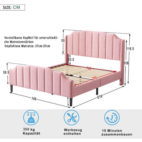 Zravenna Letto per ragazze principessa, 140 x 200 cm, rosa, letto matrimoniale imbottito, per camera dei ragazzi, con imbottitura a forma di corona, testiera e morbida imbottitura in pelle PU