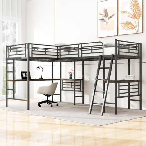 Letto a soppalco con scrivania, letto a soppalco 2 posti, letto a soppalco 90x200 cm, doppia scala, struttura letto in metallo, nero