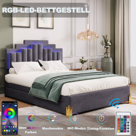 Letto imbottito 140 x 200 cm con testiera a corona - Pelle PU - LED - Rete a doghe - Rosa (Senza materasso) | Leroy Merlin