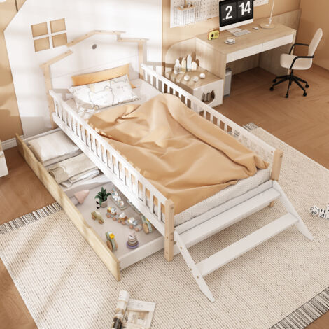 Lettino Per Bambini 90x200 Cm Con Testiera A Forma Di Camino - Laccato Bianco, Con Doghe, Stile Moderno