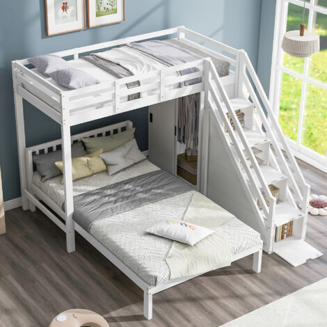 Letto a Castello per Bambini 90 x 200 Con Scala, Capanna Con Ripostiglio, Soppalco a 2 Posti, Barriera e Rete