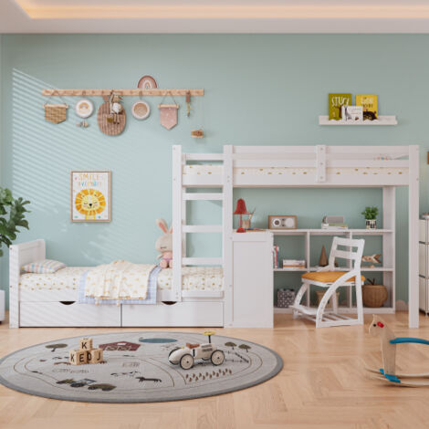 Letto A Castello Per Bambini - 2 X 90 X 200 Cm - Con Ripiano A 3 Livelli Sponda Di Sicurezza Pino Mdf Compensato Bianco Naturale