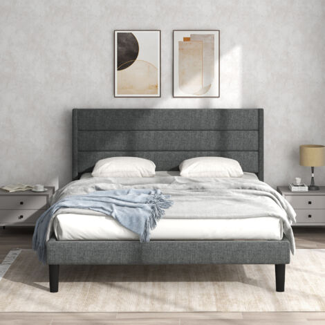Letto per adulti Letto matrimoniale imbottito per ragazzi 140 x 200 cm con rete a doghe e testiera, rivestimento tessile in lino grigio, senza materasso