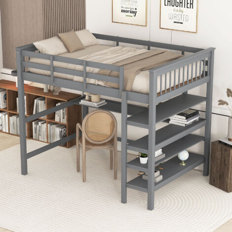 Moimhear Telaio letto in metallo, letto in ferro, letto a soppalco con scrivania e due librerie per bambini, ragazzi e adulti (bianco, 140x200cm