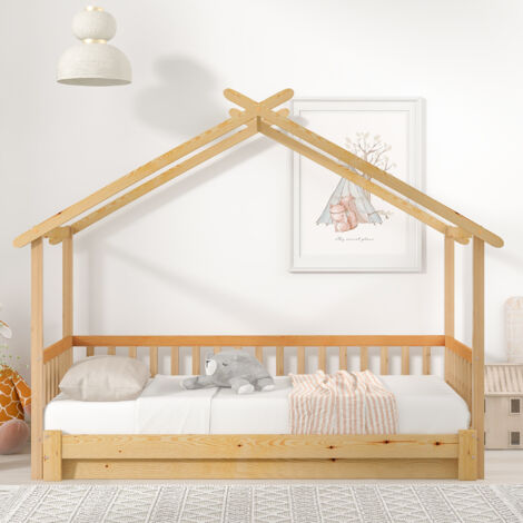 Letto a castello per bambini 90x200 cm, letto estensibile 90x200 cm con rete e doghe, in legno, naturale