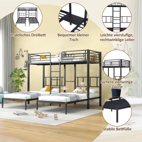 Letto A Castello In Legno Con Letto Estraibile 90x200 Cm - Grigio, Ringhiera Alta E Rete A Doghe