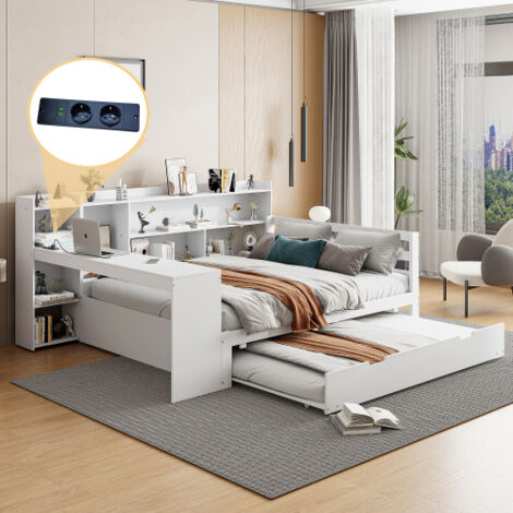 Divano letto in legno 140x200 cm con letto estraibile, scrivania, libreria, presa di corrente, senza materasso, bianco (1/5)