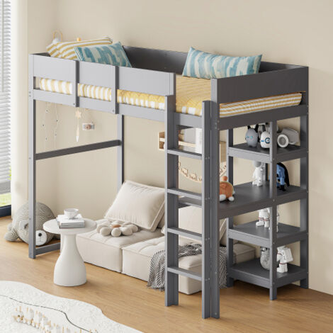 Letto A Soppalco Singolo 90x200 Cm Con Scrivania E Ripiani – In Legno Di Pino, Bianco, Per Bambini E Ragazzi, Fino A 120 Kg
