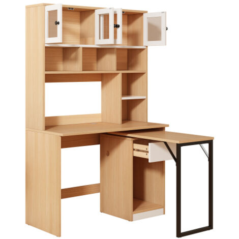 Scrivania 110x55x180 cm con libreria, passacavi, tavolino girevole, anta in acrilico, naturale