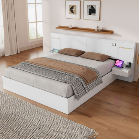 Letto per adulti 180x200 cm con porta USB, orologio elettronico, altoparlante Bluetooth, illuminazione a LED, 2 comodini senza cassetti, senza materasso, bianco (1/5)