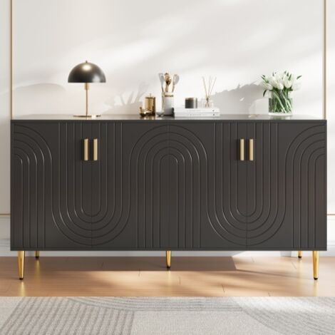 Credenza da cucina nera con maniglie e gambe dorate, 4 ante, design ondulato, per soggiorno, camera da letto, cucina (1/5)