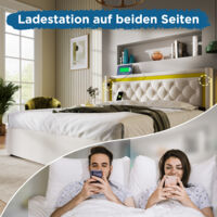 Letto contenitore Letto matrimoniale per adulti 160 x 200 cm con USB Type C e LED. Beige