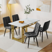 Set da pranzo bianco da 120 x 70 cm con 4 sedie in velluto grigio scuro. tavolo con gambe in ferro dorato