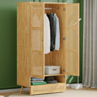 Armadio 2 Ante Con Rattan 90x45x183 Cm - Con Asta Appendiabiti E Coperchio Flip-Top, Colore Naturale - Foto 3