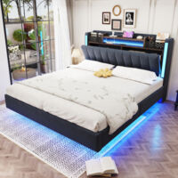 Letto per adulti 140x200 cm, letto imbottito con illuminazione a LED, porta USB, testiera con contenitore, senza materasso, tessuto di lino, grigio