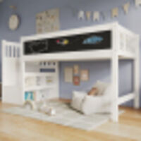 Lit mezzanine enfant 90x200 cm avec tableau blanc et tableau noir, rangement et protection antichute, sans matelas, blanc