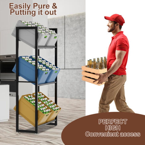 Estante Para Cajas De Bebidas De Metal Y Madera - 2 Baldas, Color Negro, Montaje Freestanding