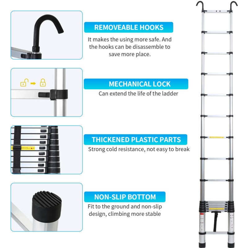 Escalera Telescópica De Aluminio NAIZY 2.6M - Plegable, 9 Peldaños, Capacidad 150 Kg, Portátil Para Interior Y Exterior