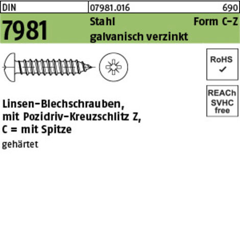 DIN 7981 Form CZ Linsenkopf-Blechschraube VG 2,9x6,5 Stahl galvanisch verzinkt PZ 2000 Stk (1/3)