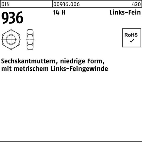 DIN 936 14 H Links-Fein Sechskantmuttern, niedrige Form mit metrischem Links-Feingewinde - Abmessung: M 18 x 1,5 -LH VE=S (50 Stück) 50 Stk
