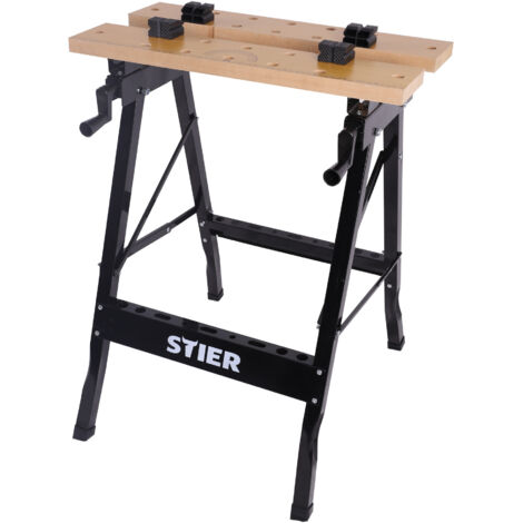 STIER Werkbank, mit Spannbacken, mobiler Arbeitstisch, klappbar, Spanntisch, platzsparend, aufgedruckte Mess- und Winkelskala ,Tragkraft 150 kg