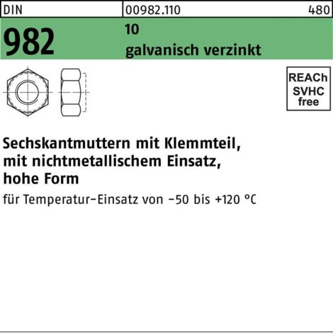 Selbstsichernde Sechskantmutter DIN 982 M 10 x 1,5 Stahl galvanisch verzinkt 100 Stk