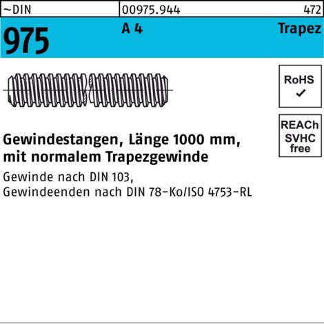 DIN 975 Gewindestange Trapezgewinde VG 16x1000 Edelstahl A4 blank