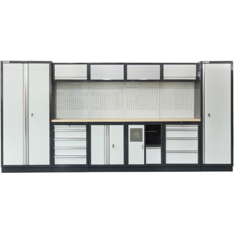 STIER Werkstatteinrichtung Basic, 6-teilig, modular, mit Lochwand und Multiplex-Arbeitsplatte, BxTxH 4235x460x2000mm