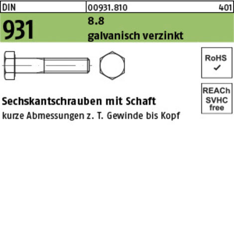 DIN 931/ISO 4014 Sechskant-Schaftschraube M24x220 Stahl 8.8 galvanisch verzinkt