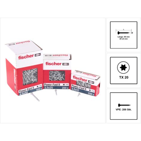 Fischer 200x Power-Fast II FPF II PTF 4,5 x 50 mm BC Pan Head mit Innenstern TX20 Vollgewinde galvanisch verzinkt blau passiviert - 670636