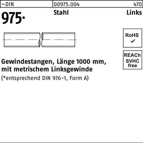 DIN 975 Stahl Links Gewindestangen, Länge 1000 mm mit metrischem Linksgewinde - Abmessung: M 10 -LH VE=S (1 Stück)