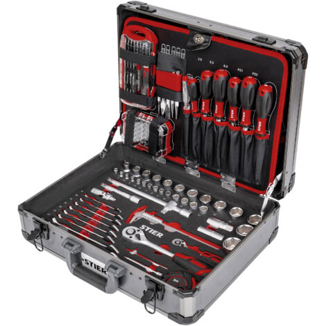 STIER Universal-Werkzeugsortiment im Aluminiumkoffer 144-teilig, Werkzeugkoffer bestückt gefüllt, Werkzeug Set, 4 Fächer mit Schraubendrehern, Scheren, Zangen, Säge u.v.m. (1/6)