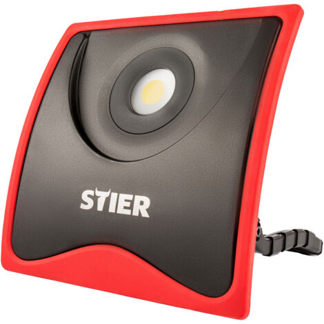 STIER COB LED Baustrahler, 5500 Lumen, 55W, Baulampe mit flexiblem Standfuß und 2 SchuKo Steckdosen und Aluminiumgehäuse, Baustellenlampe mit Überpsannungsschutz