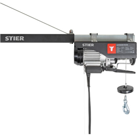 STIER Elektrischer Seilzug, Tragkraft 250 kg, Leistung 500 W, Hebehöhe bis 12 m, inkl. Befestigungsbügel, einfache Montage, Sicherheit durch Not-Aus-Schalter