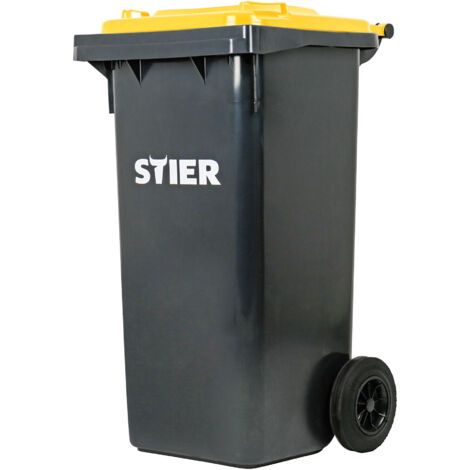 STIER 2-Rad-Müllgroßbehälter, Mülltonne, Volumen 120 Liter, Mülleimer, Tonne Grau, Deckel Gelb, Größe: 475 x 550 x 930 mm, Restmülltonne mit Rädern und Deckel (1/5)