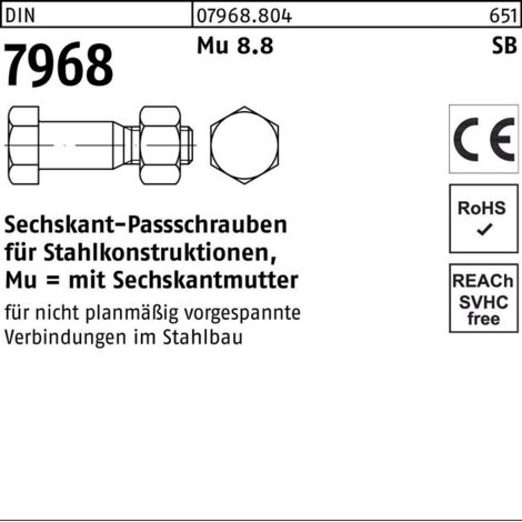 DIN 7968 Sechskant-Passschraube M24x100 Stahl 8.8 blank m. Mutter (1/2)