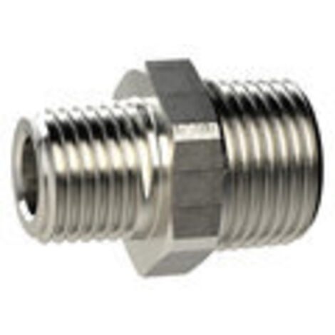 Riegler Doppelgewindenippel, kon., R 1/4 a., R 1/2 a., SW 22, MS vern.