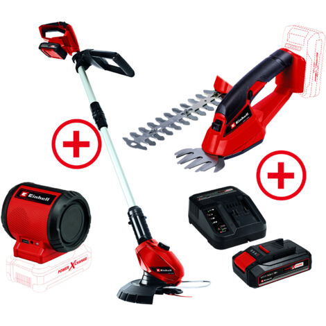 Einhell Rasentrimmer inkl. 2,0 Ah Starter-Kit + Gras-und Stauchschere + 2,5 Ah Starter-Kit + Akku-Lautsprecher