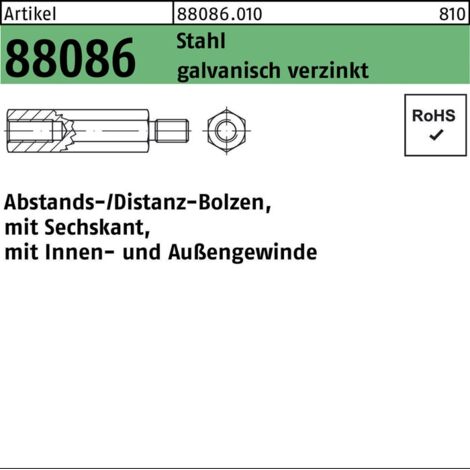 Sechskant-Abstandsbolzen M3x8 Stahl galvanisch verzinkt 100 Stk