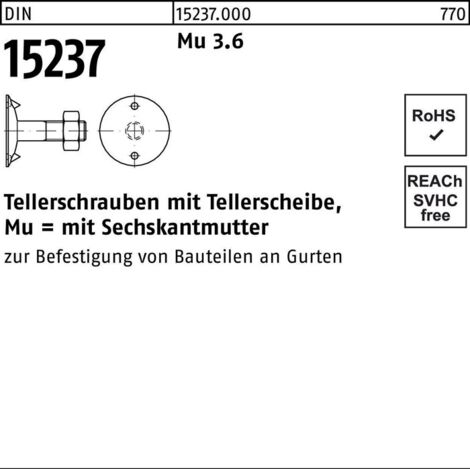 DIN 15237 Tellerschraube M8x40 Stahl 3.6 blank m. Tellerscheibe u. Mutter 100 Stk