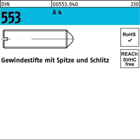 DIN 553/ISO 7434 Gewindestift VG M5x10 Edelstahl A4 blank Schlitz m. Spitze 50 Stk