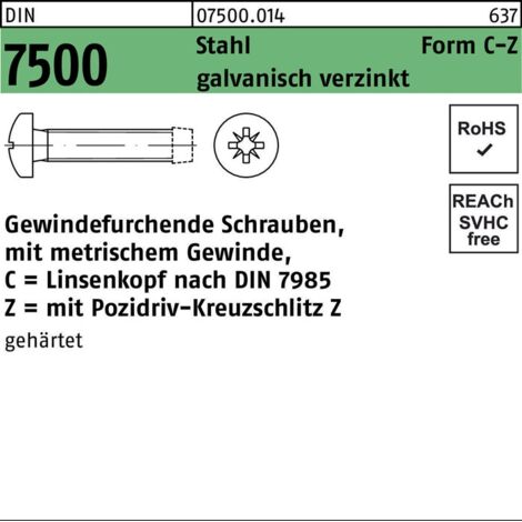 DIN 7500 Form C Gewindefurchende Linsenkopfschraube VG M5x12 Stahl galvanisch verzinkt PZ 1000 Stk