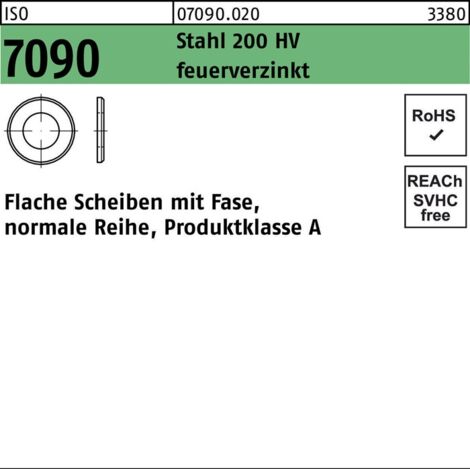 ISO 7090 Scheibe Stahl 6mm (6,4x12x1,6) feuerverzinkt mit Fase Ohne Formfangabe 1000 Stk
