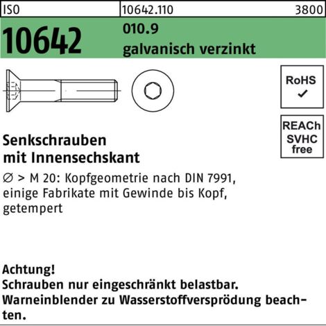 DIN 7991/ISO 10642 Senkschraube 10.9 Stahl M 4 x 30 galvanisch verzinkt A2F getempert Innensechskant 500 Stk