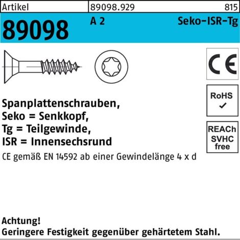 ART 89098 Spanplattenschrauben Seko CE A 2 8 x 90 -T40 Teilgewinde A 2 S 50 Stk