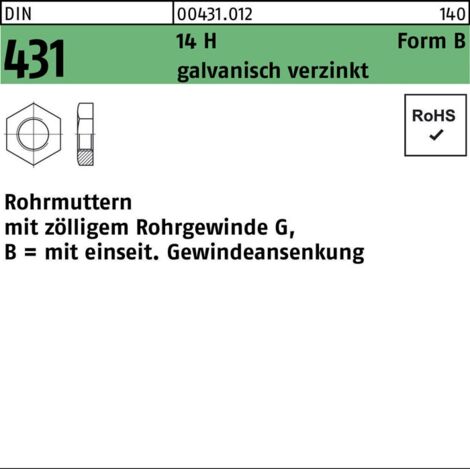 DIN 431 Rohrmutter 14 H BG 1/2 SW 32 galvanisch verzinkt gal Zn S 50 Stk